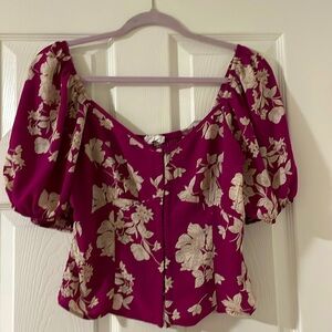 Magenta puff sleeve floral crop top